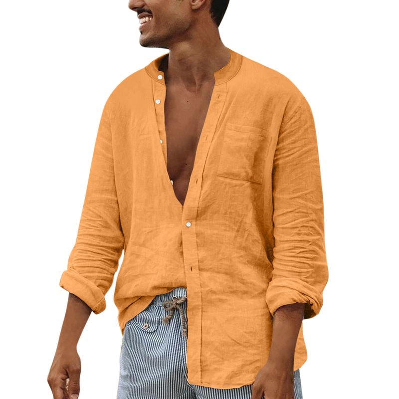 Camicia da uomo ampia a maniche lunghe in cardigan con colletto alla coreana in lino tinta unita_voghion.com
