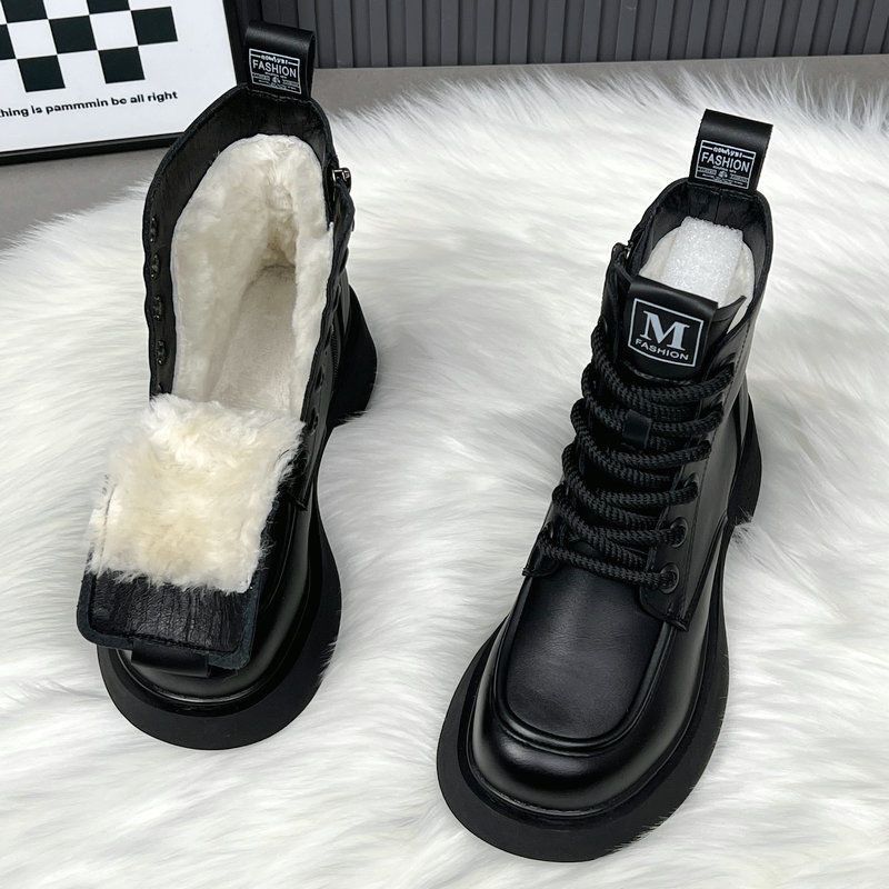 Stivali da neve in lana con pelliccia integrata, stivali bassi popolari, stivali Martin da donna, scarpe invernali calde con suola spessa e antiscivolo in cotone_voghion.com