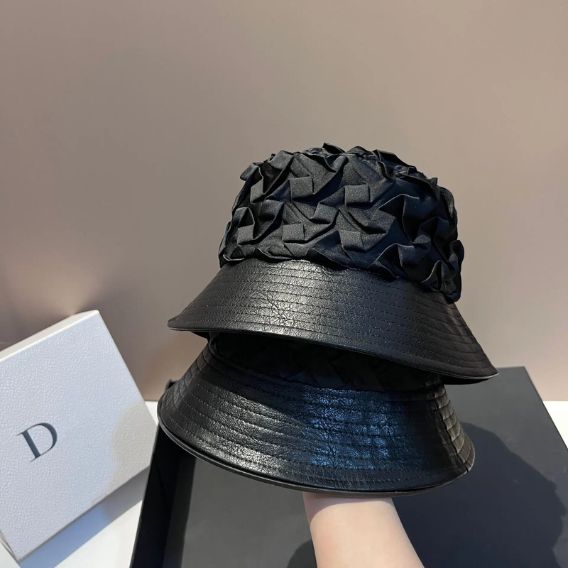 Cappello a secchiello con tesa in pelle di alta qualità, moda, pieghettato, piccolo profumo, leggero, leggero, cappello da bacino, cappello casual da donna
_voghion.com