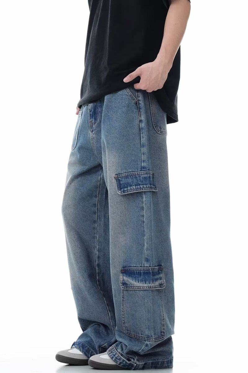 Pantaloni casual a gamba larga da strada, jeans cargo blu dritti lavati multitasche americani_voghion.com