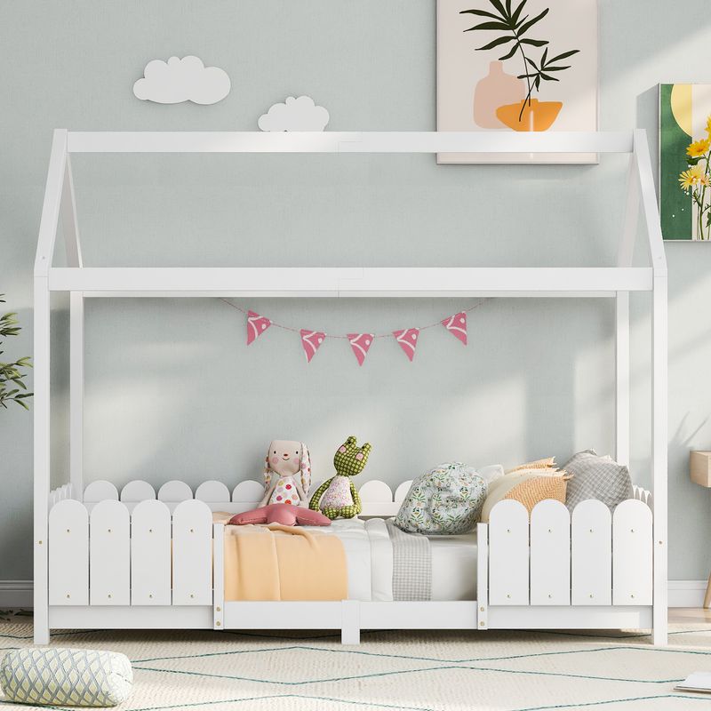 Hausbett 90x200cm, Holz-Kinderbett Mit Rausfallschutz, Bianco_voghion.com