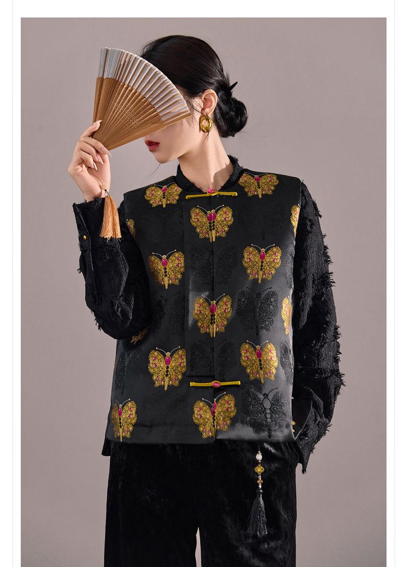 ragazza Nuovo cinese di alta qualità farfalla jacquard imbottito per le donne autunno inverno nazionale bottone gilet retrò stile ZX MX091_voghion.com