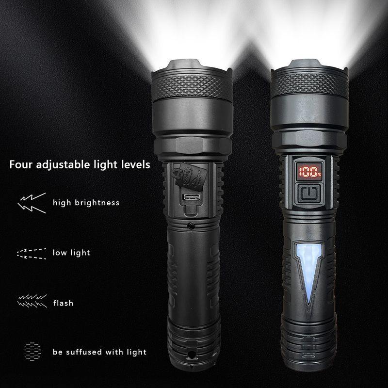 USB nieuwe sterke LED zijlicht zaklamp buiten draagbare lange afstand focus zaklamp digitaal display thuis_voghion.com