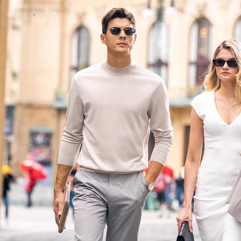 Maglione a collo alto da uomo in lana pettinata T-Spun di alta qualità per la primavera e l'autunno, maglia di base da uomo in maglia lavabile in lavatrice_voghion.com