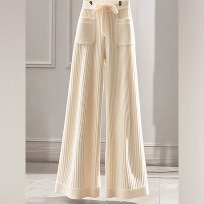 Conjunto de blusa de malha elegante, versátil e elegante, com calça reta, para mulheres - Look macio, versátil e elegante em damasco (M-3XL)_voghion.com