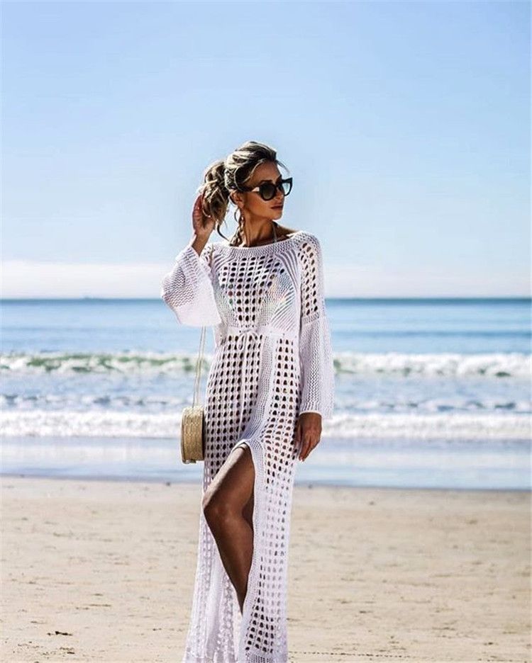 Abbigliamento da donna, sexy, in maglia cava, da spiaggia, sexy, in pizzo, in maglia, da spiaggia, abito a maniche lunghe, con spacchi laterali, costume da bagno, copricostume trasparente per donna_voghion.com