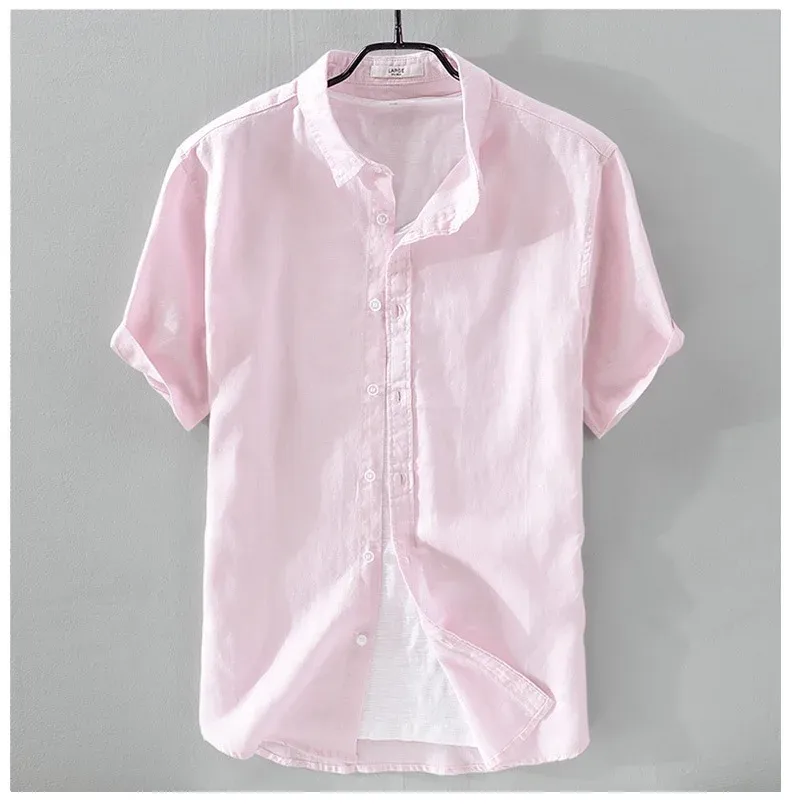 Camicia casual da uomo a maniche corte in puro lino, tessuto di cotone e lino, colore bianco, abbigliamento estivo traspirante, mezza manica_voghion.com