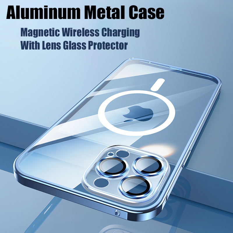 Transparent Magnetic HD Wireless Charging Aluminum Metal Bumper Case For iPhone Pro Max Lens Glas_voghion.com