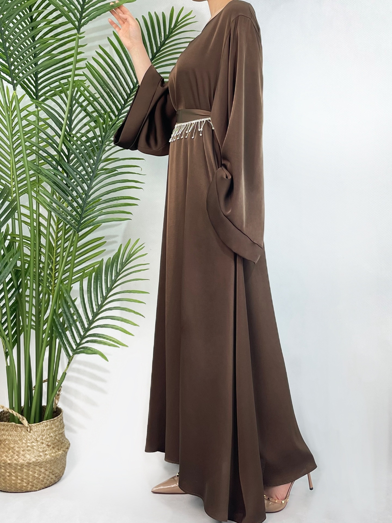 Dámské oblečení s kamínkovým páskem, dámské saténové šaty, elegantní a vznešené malajské šaty, abaya, velká velikost_voghion.com