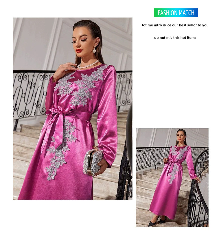 Abito da donna ricamato a vita alta, girocollo, manica lunga_voghion.com