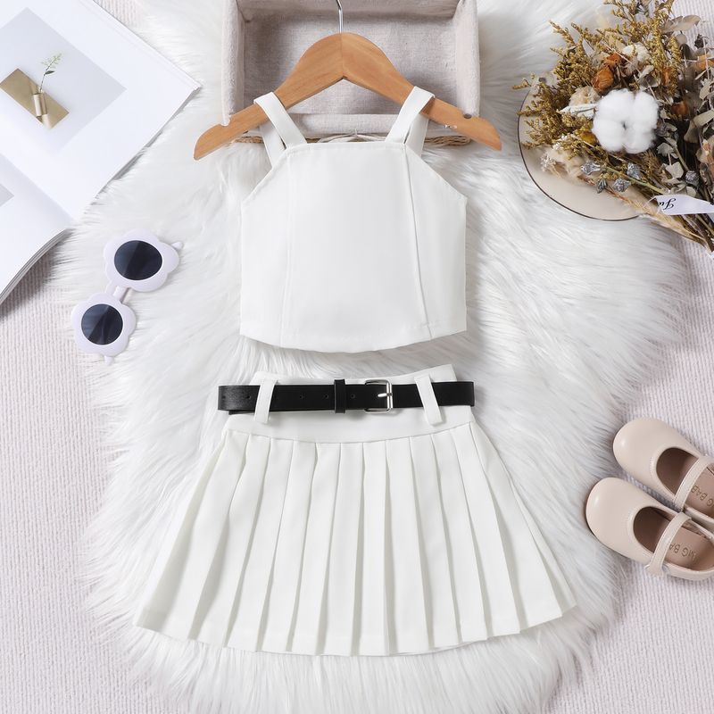 Summer children's solid color suspender wrap vest pleated short skirt belt trendy girl set_voghion.com