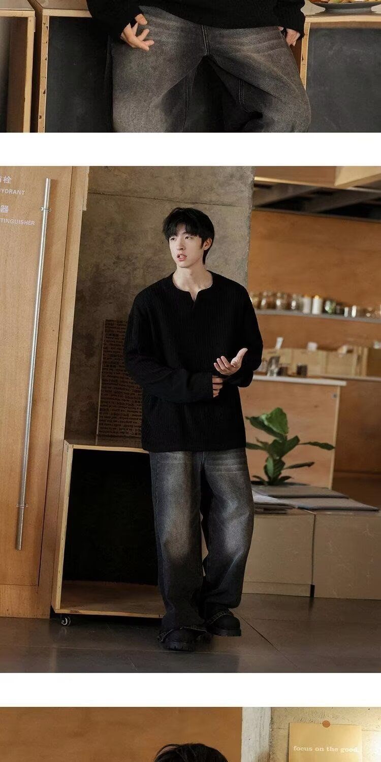 Maglietta a maniche lunghe con scollo a V e trama piccola per uomo, felpa base per primavera e autunno, stile americano alla moda_voghion.com