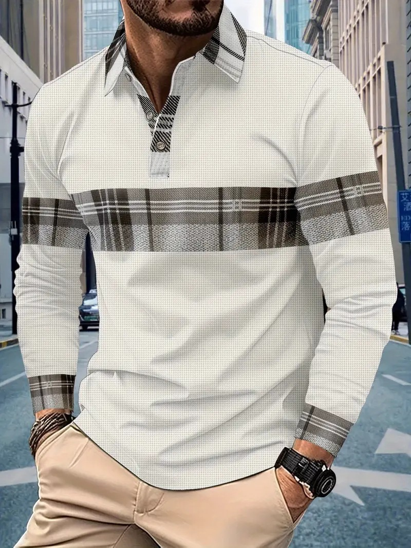Suitable For All Seasons 2024 New Men's Casual Polo Shirt Color Block Plaid Button Waffle Print Long Sleeve_voghion.com