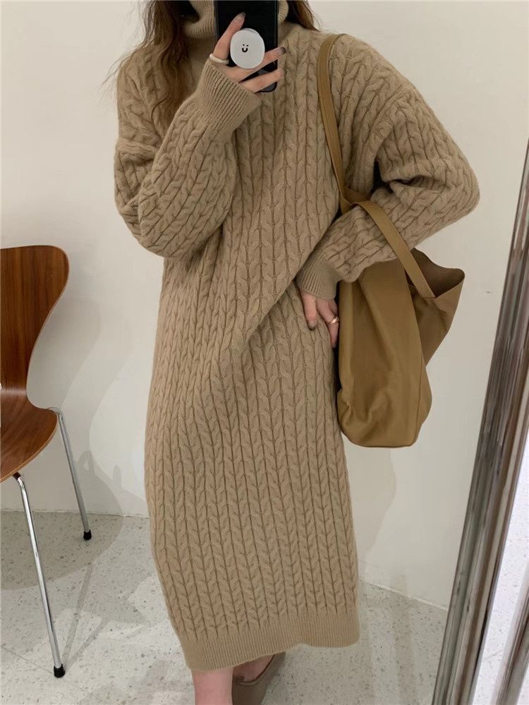 Maglione lungo sopra il ginocchio alla moda, stile coreano, con collo alto e trecce, per donna_voghion.com