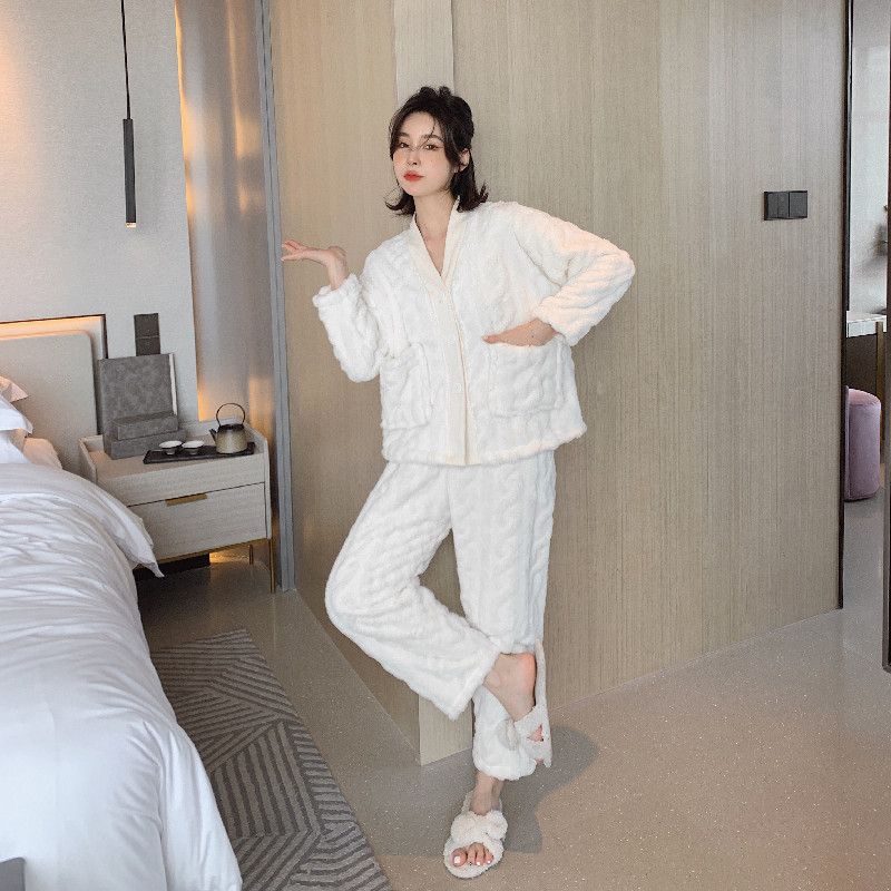 Flannel women's autumn and winter pajamas with thick flannel, double long two-piece set, wind-driven warm home clothes_voghion.com