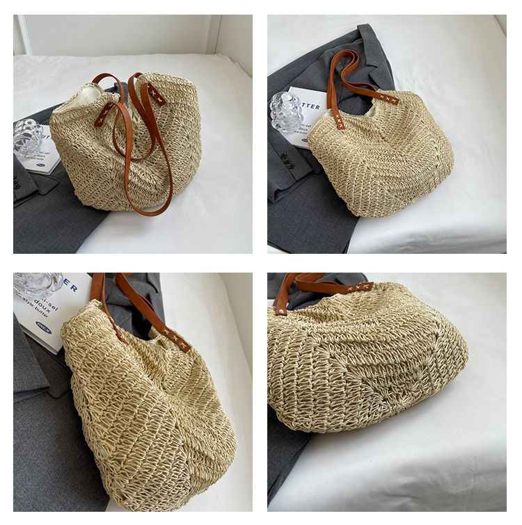 Borsa di paglia Borsa intrecciata Borsa di paglia intrecciata Mori Borsa da spiaggia per donna Borsa da spiaggia intrecciata Borsa a tracolla singola di grande capacità_voghion.com