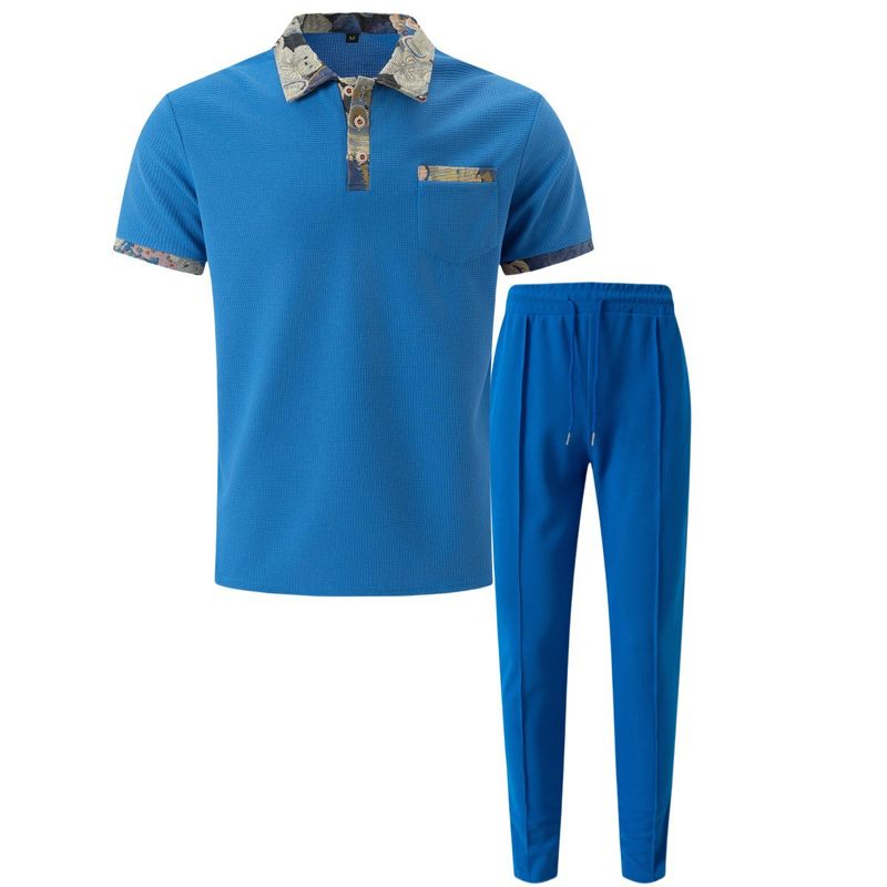 Roupas masculinas Nova juventude Waffle lapela cor combinando bolso manga curta calças terno casual_voghion.com