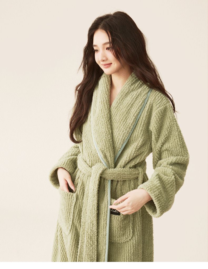 "Luxury Coral Fleece Bathrobe Set For Couples - Extra Long & Thick Winter Robe With Matching Pants - Ultra Soft V-Neck Design In Multiple Colors_voghion.com