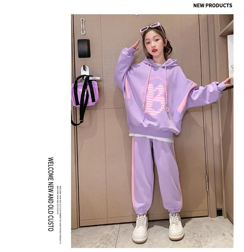Tenue de sport printemps-automne pour filles, nouveau style 2024, pull à capuche ample pour enfants de taille moyenne et grande, ensemble deux pièces_voghion.com