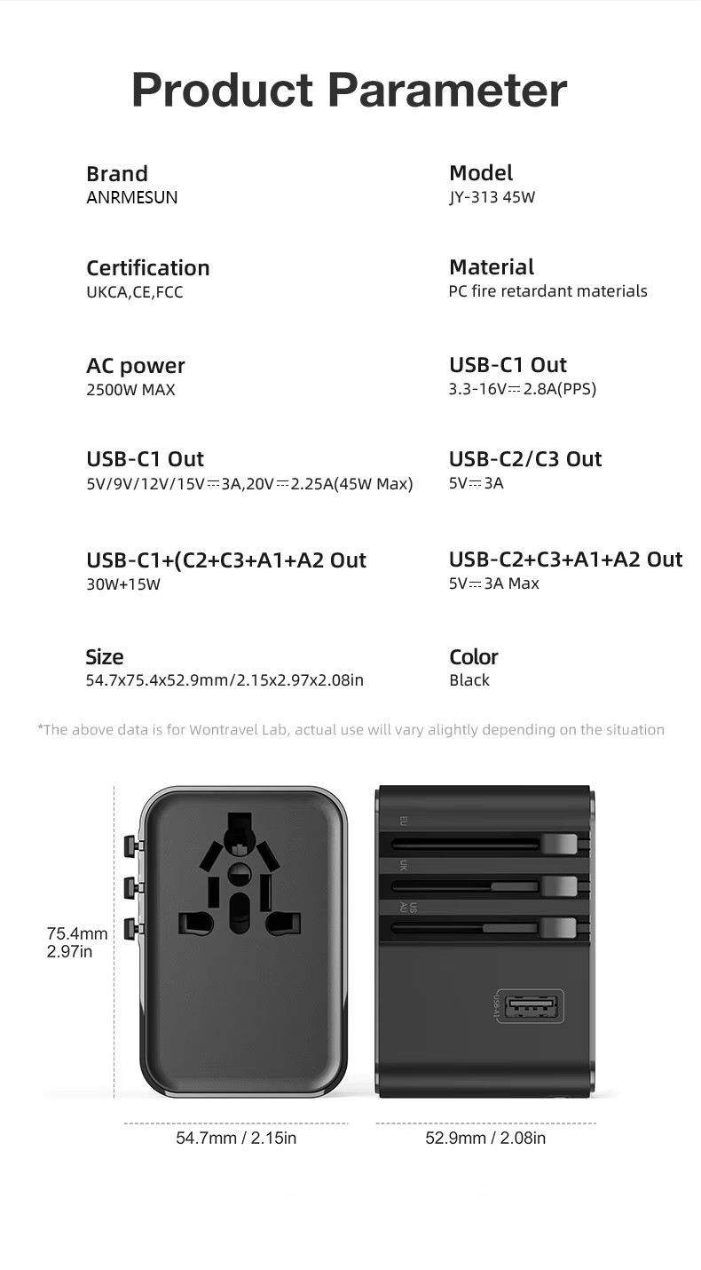 Universaladapter mit 3 Typ-C 2 USB 45W Schnelllade-All-in-One-Ladegerät EU/UK/USA/AUS Reisesteckdose_voghion.com