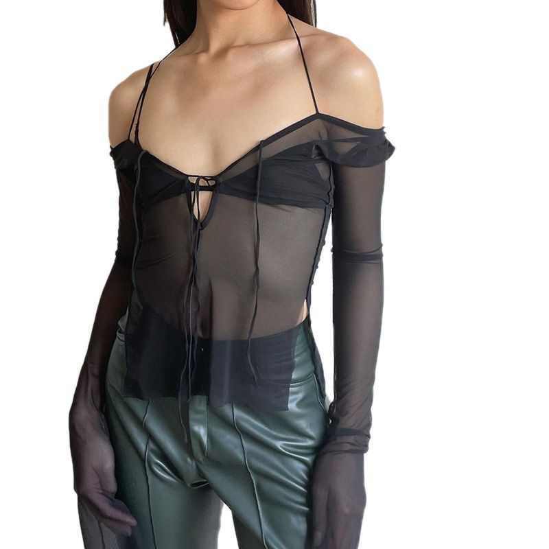 Plus Nine Q21TP300 Summer New Solid Color Lace up Neck Hanging Perspective Split Long sleeved Women's Top_voghion.com