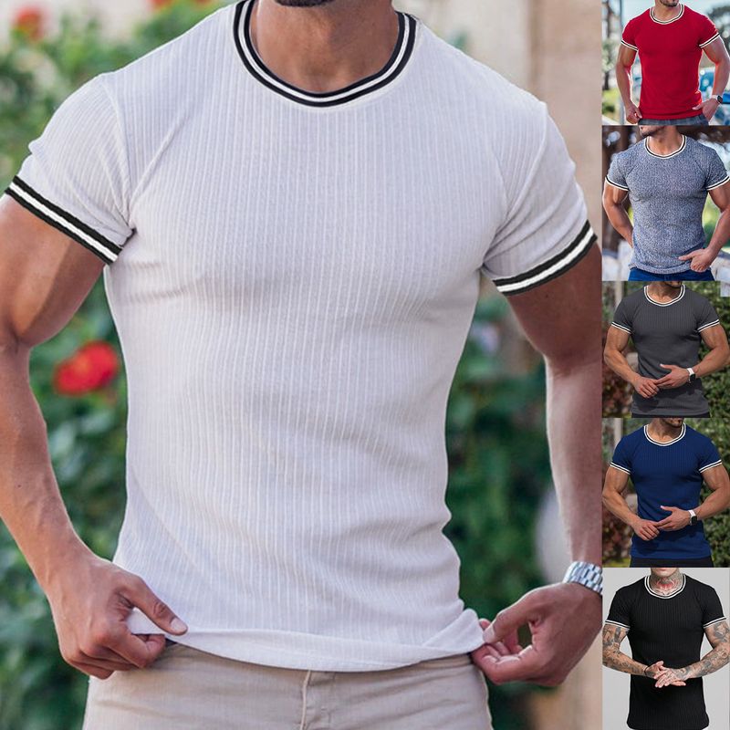 New Leisure Running T-shirt Gym Training Tops Elastic Quick Drying Pure Color Short Sleeve Sports T-shirt Men Sportswear_voghion.com
