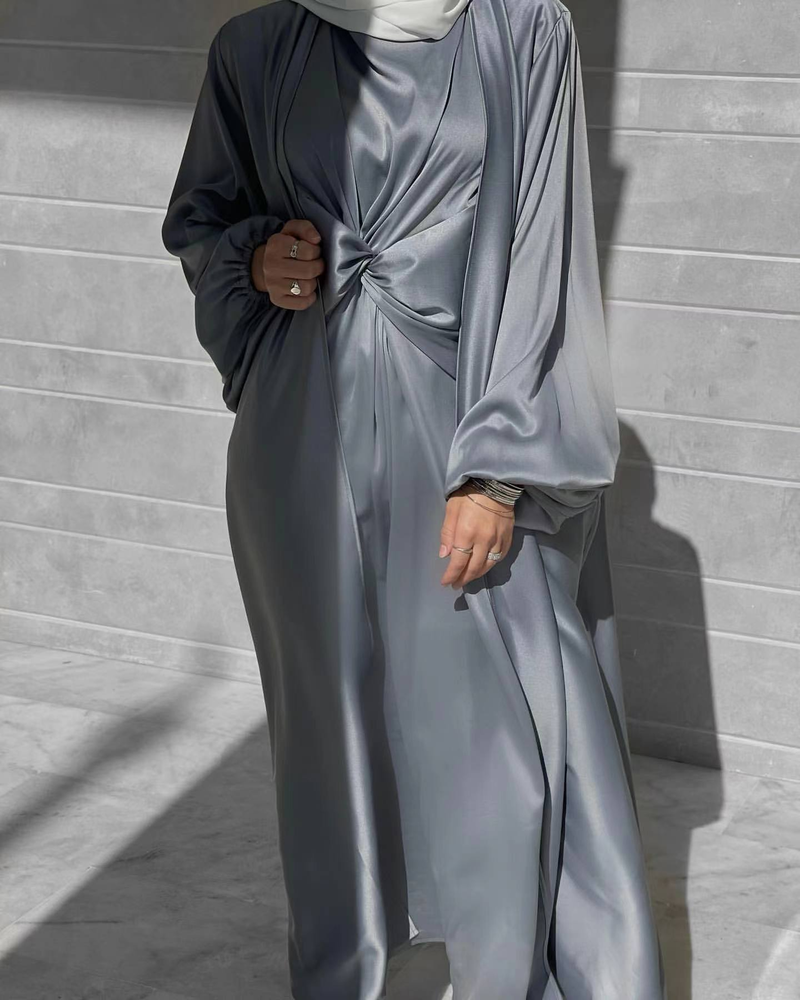 Moda musulmană Turcia Dubai La modă rochie solidă din două piese costum cardigan LR511_voghion.com
