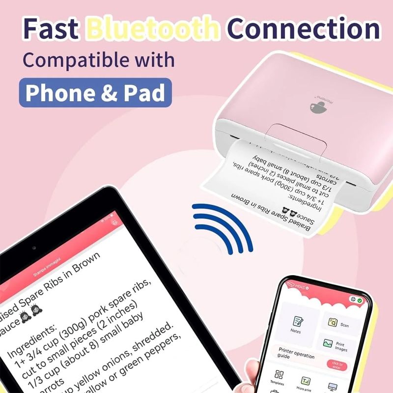 Drukarka termiczna M04S, szerokość druku 4 cale, rozdzielczość 300 dpi, Bluetooth, drukarka bezatramentowa (różowa)_voghion.com