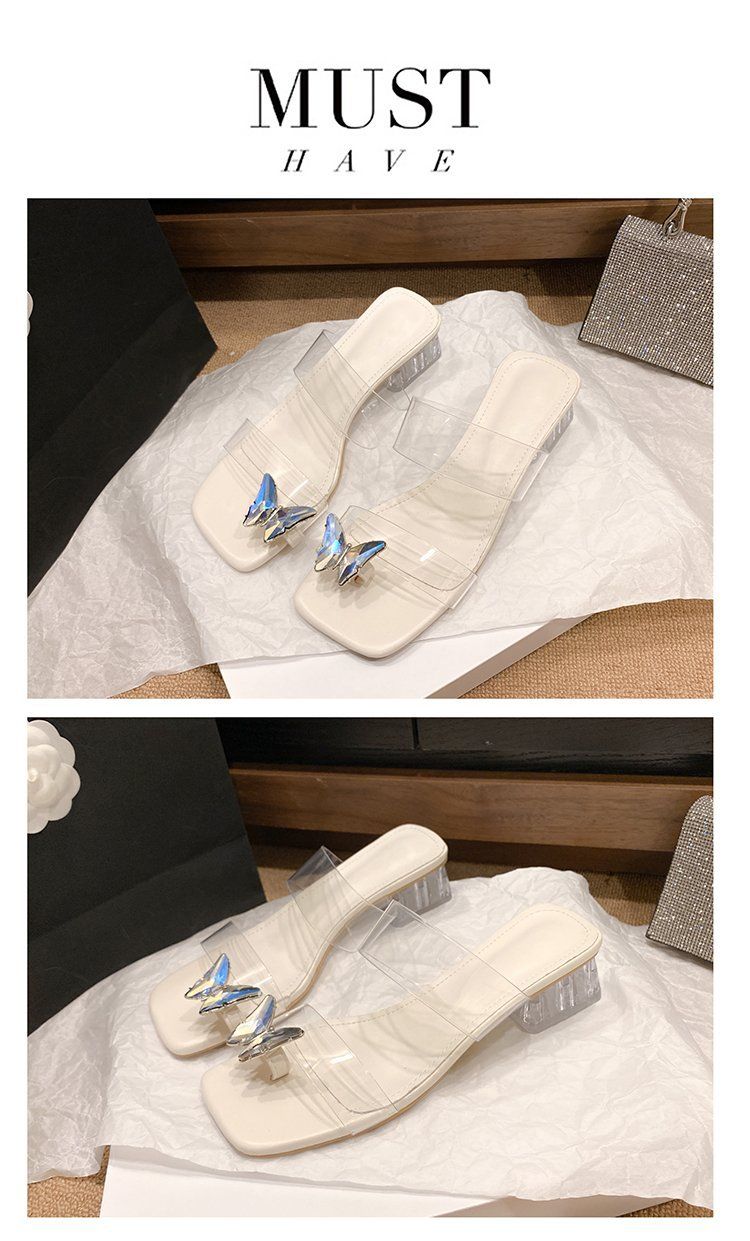 Damen-Pantoletten mit transparentem Absatz und Kristallverzierung – 8,9 cm hoher Blockabsatz und Schmetterlings-Zehenring (eleganter Stil)_voghion.com