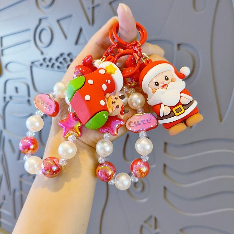 Nuovo portachiavi di Natale con ciondolo a forma di bambola, catena per telefono di Babbo Natale fai da te con ciondolo per borsa con perline fatto a mano_voghion.com