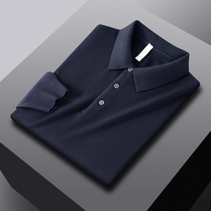 Herbst Winter Umlegekragen Warme Innenschicht Kaschmir Mode Pendler Gestricktes Poloshirt Business Casual_voghion.com