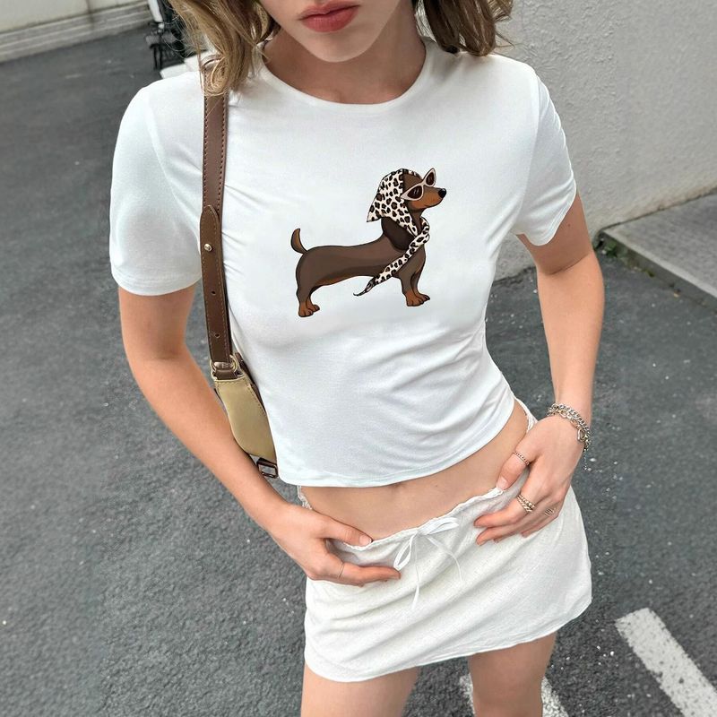 Haut à manches courtes et col rond, imprimé chien, coupe ajustée, style européen et américain, tendance 2025_voghion.com