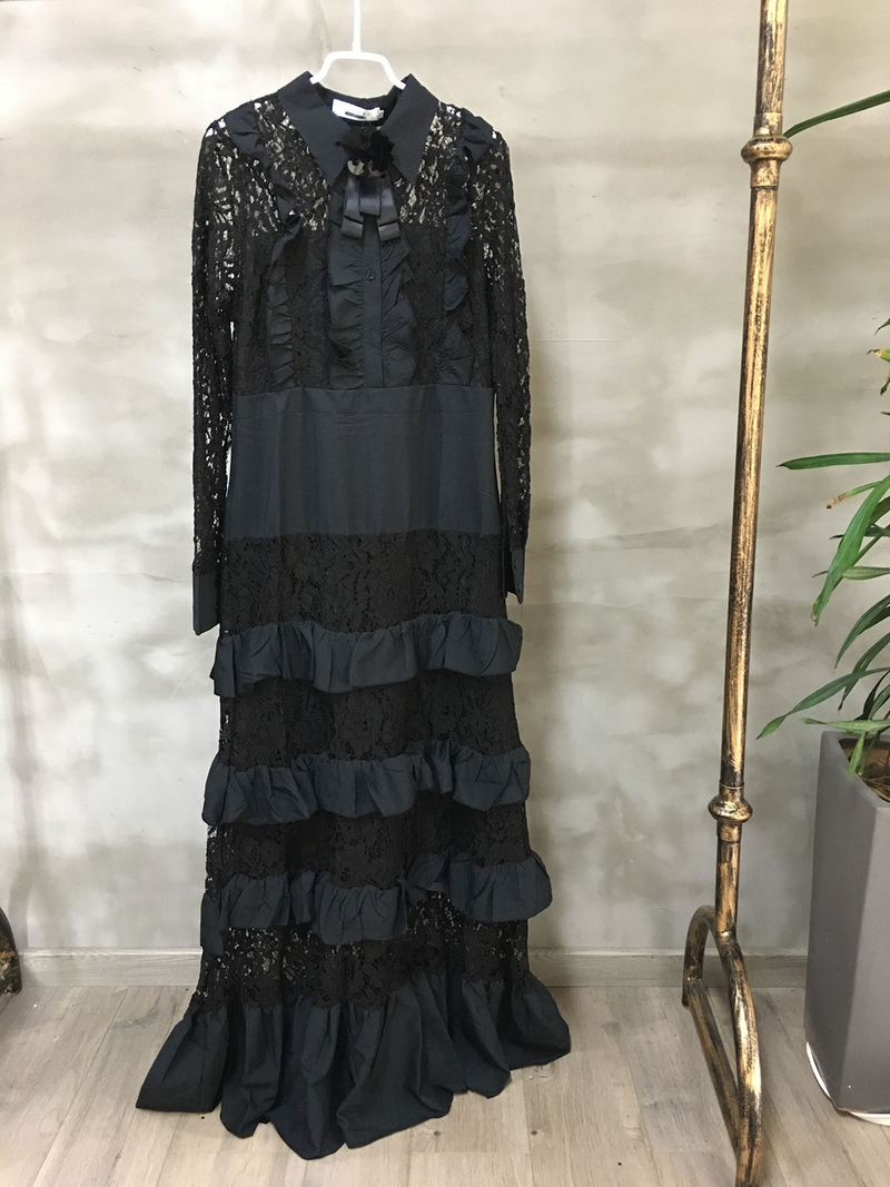 Camicia da donna casual alla moda in pizzo con colletto a maniche lunghe con orlo a forma di fungo, gonna lunga multistrato con gonna lunga con spilla_voghion.com