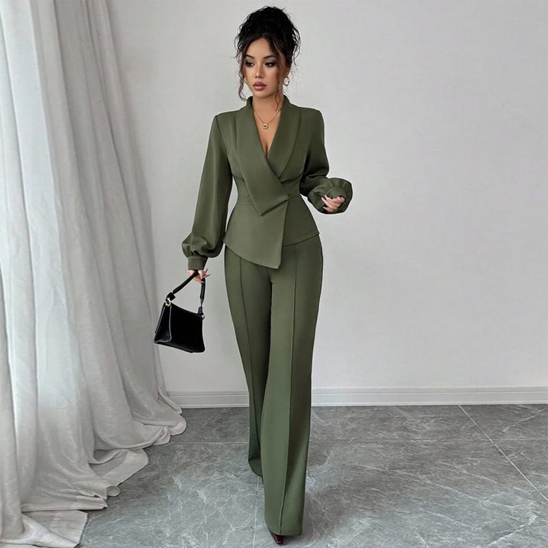 Completo blusa e pantaloni dolce e sofisticato – Completo da ufficio a maniche lunghe verde militare con maniche a lanterna (S-Xxl)_voghion.com