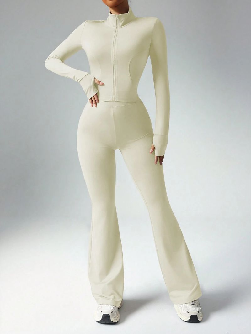Women's Solid Color Long Sleeve Zipper Sports High Waist Flared Fitness Pants + Quick-Dry Barely-There Yoga Outfit Set_voghion.com
