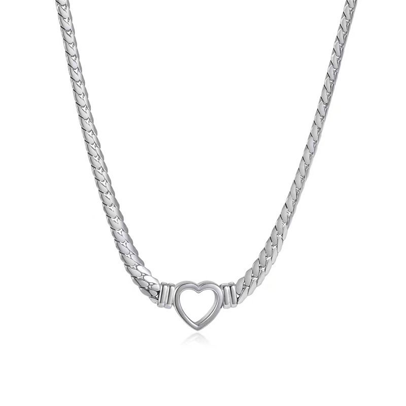 Stainless Titanium Steel Cuban Heart-shaped Gold-plated Hollow Flat Snake Chain Heart Pendant Necklace Bracelet Light_voghion.com