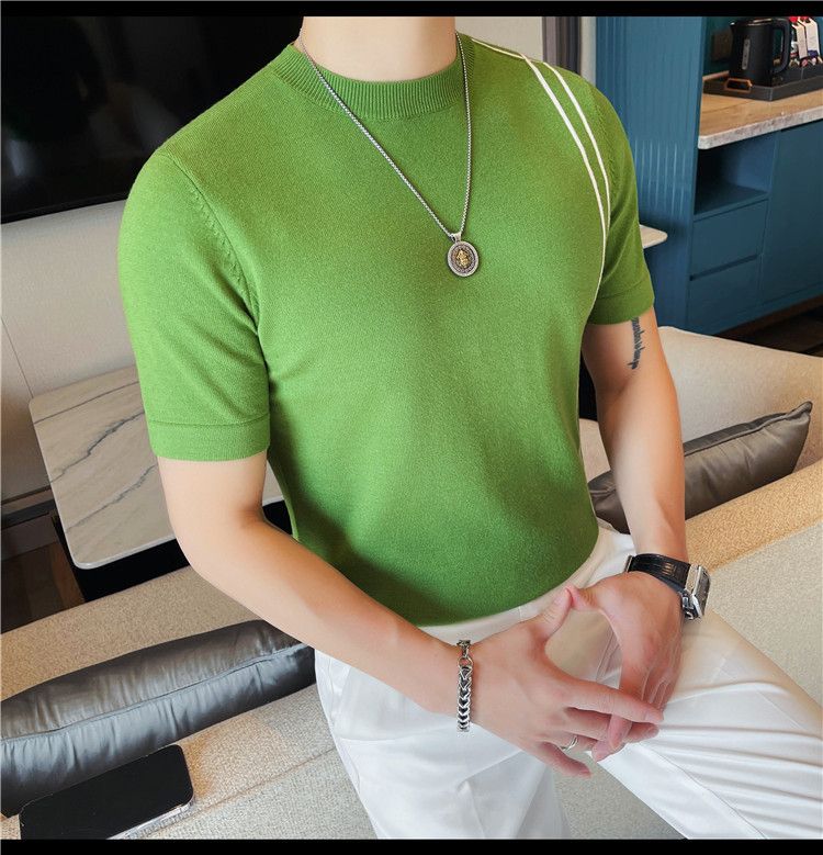 Summer New Products Men's Thick Short Sleeve T-Shirt Threaded Neckline Short Sleeve Knitted Sweater Slim Fit Elastic Bottom Sweater Undershirt_voghion.com