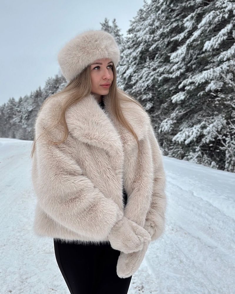 Luxuriöser Kunstfuchspelzmantel, modische Winterjacke für Damen mit übergroßem Revers – weicher und flauschiger Kunstpelzmantel, eleganter Pendlerstil, Beige_voghion.com