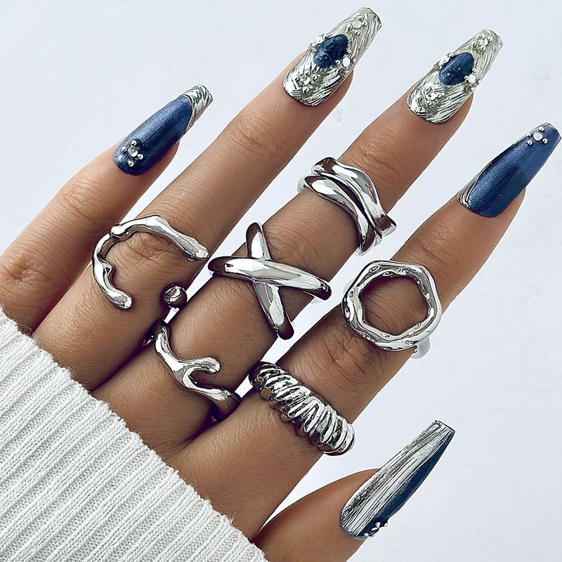 Niche Trend Design Glossy Women's Ring Exaggerated Geometric Curved Surface Open Joint Ring Set Bohemian Style Holiday Style Seaside Jewelry Ring_voghion.com