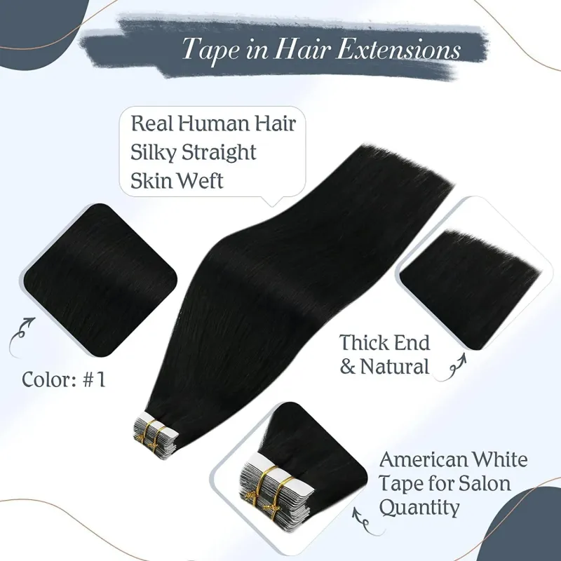 Tape In Human Hair Extensions 16-26 Inch Straight Natural Black 100% Remy Skin Weft Adhesive Glue On For Salon High Quality_voghion.com