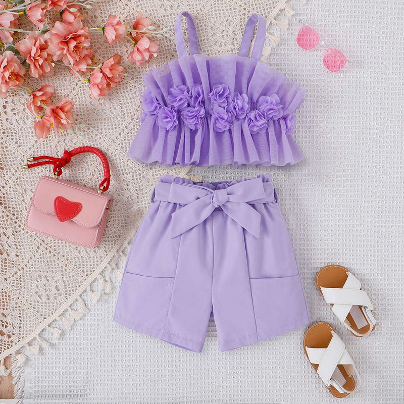 Abbigliamento da stipendio del tesoro, reggicalze a fiori tridimensionali in rete primaverile ed estiva, pantaloncini, set per bambini alla moda_voghion.com