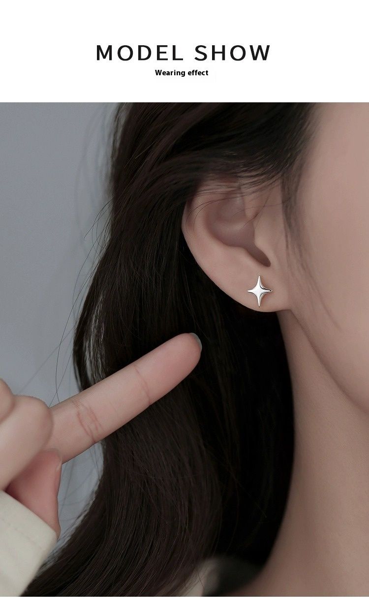 Tiqi S Reines Silber Asymmetrische Sterne Frauen, Zart Und Kompakt, Mit Einem Vier-sterne High-end-Gefühl, Vielseitig Ohrringe Für_voghion.com