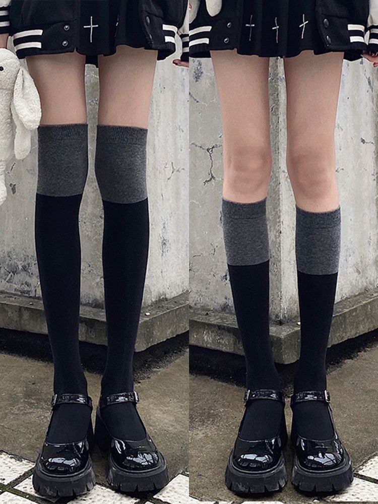 Yahudi Color Block Damenstiefel Frühling Herbst Wadenlang Schwarz Grau Patchwork Lange Overknee Halbhohe Wadensocken_voghion.com