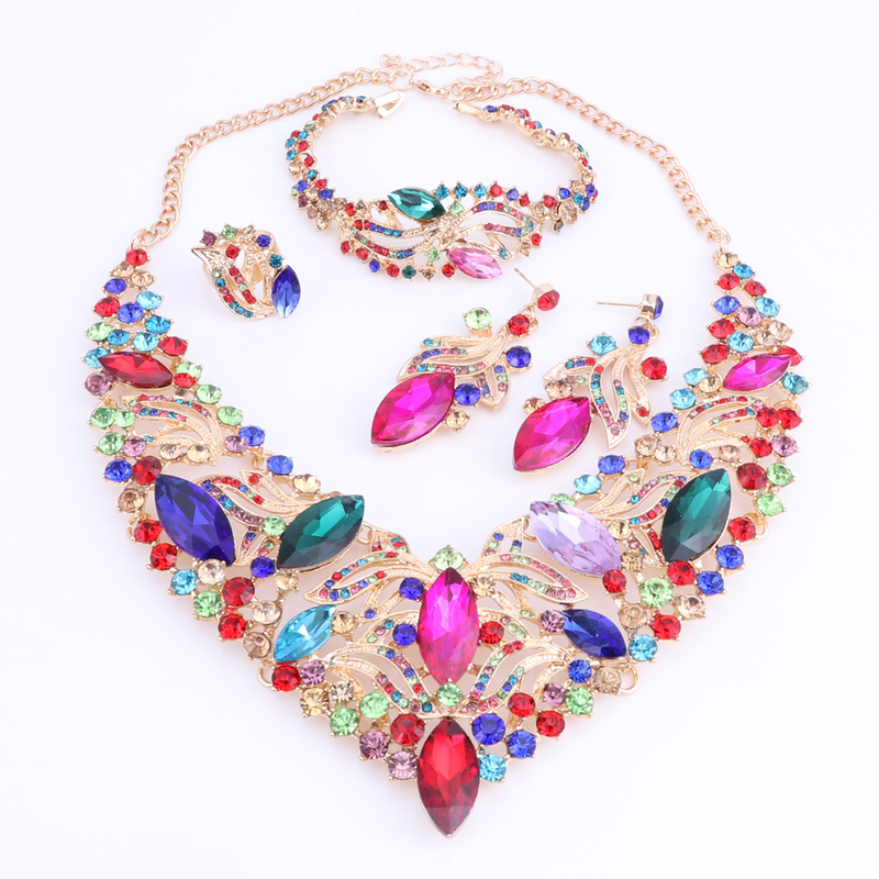 Fashion Rhinestone Crystal Choker Necklace For Woman Statement Necklaces Earring Bracelet Ring Boho Jewelry Sets_voghion.com