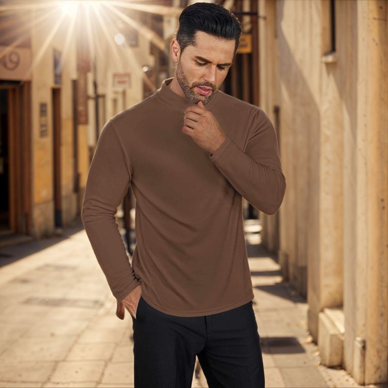 De Rong Herren-T-Shirt mit langen Ärmeln und hoher Elastizität im Herbst und Winter, schmale Passform, mittelhoher Ausschnitt_voghion.com