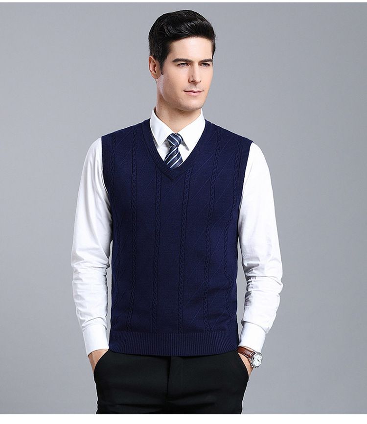 Men's Wool Blend Knit Vest, Solid Color Cable V-Neck Sleeveless Pullover, Casual Layering Piece For Autumn_voghion.com