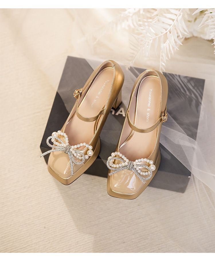 Y9759-096 Color Block Mary Jane Rhinestone Bow Chunky Heel High Heels Lively Elegant Luxurious Dress Shoes_voghion.com