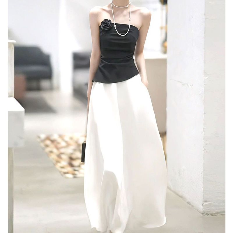 French Style High-End Sleeveless Floral Tube Top Vest Summer New Casual Waist-Slimming Versatile Skirt Two-Piece Set_voghion.com