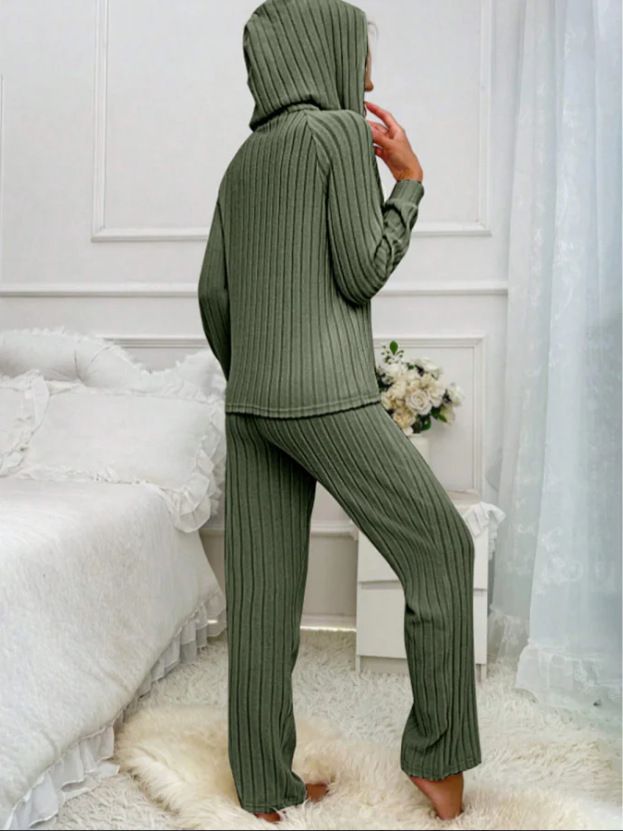 Women's Casual Ribbed Fleece Hooded Button-Up T-Shirt & Pants Lounge Set - Soft Comfortable Home Wear Outfit_voghion.com