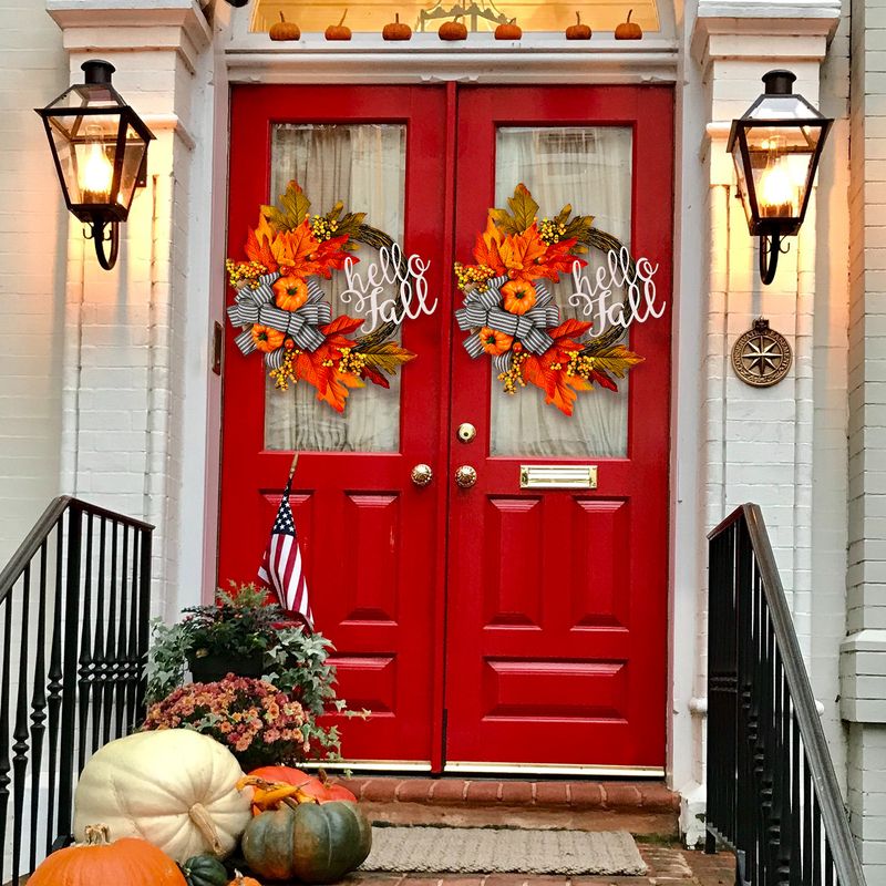 Cross-border Autumn Bow Artificial Garland Harvest Festival Pumpkin Berry Rattan Circle Thanksgiving Decorative Wall Hanging_voghion.com